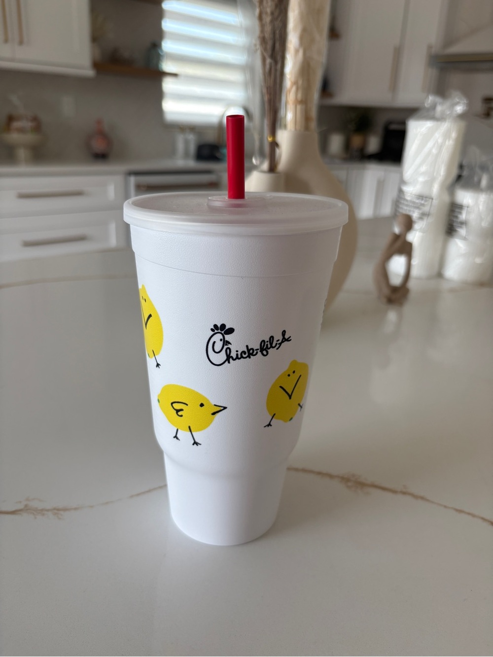 Chick-fil-A White Reusable Chick Print Drink Cup with Red Straw